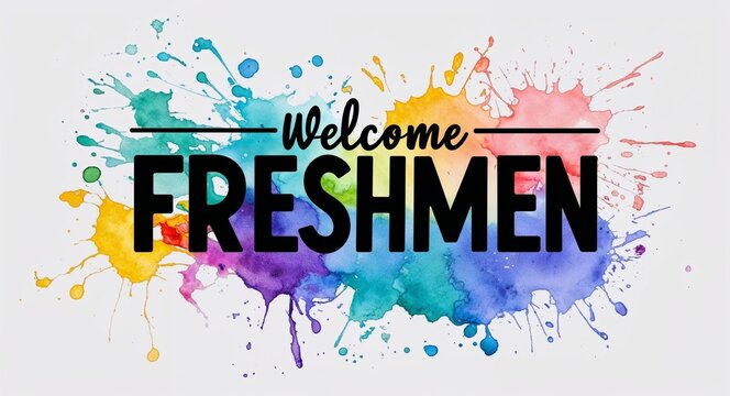 welcome freshmen word lettering on colorful paint watercolor splash on plain white background