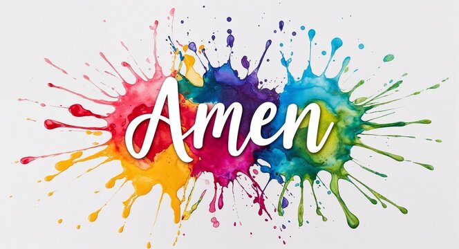 amen word lettering on colorful paint watercolor splash on plain white background
