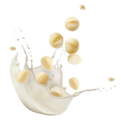 Macadamia nuts and splashing milk in air on white background