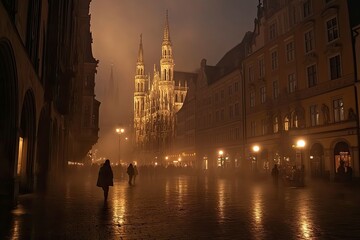 Fototapeta premium Marienplatz at night, Munich, Germany. Creepy mystery view of dark Gothic City Hall with bats. Spooky old castle or palace on full moon. with generative ai