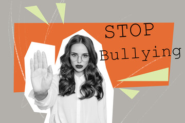 Composite photo collage of serious strict girl show palm stop gesture bullying assault hate concept...