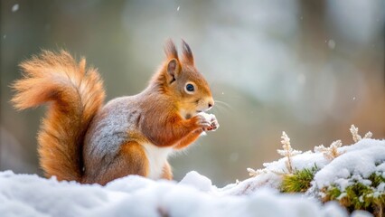 A Red Squirrel Enjoying a Winter Snack in the Snow, a Moment of Serenity in a Frosty Landscape