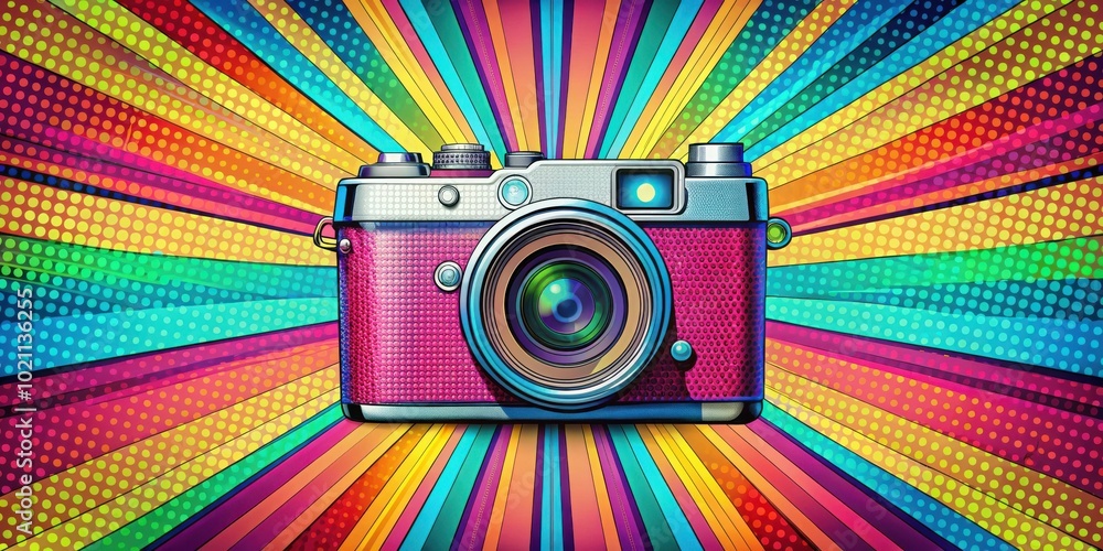 Poster a vintage camera lens with a retro pop art style background featuring colorful stripes and polka dot