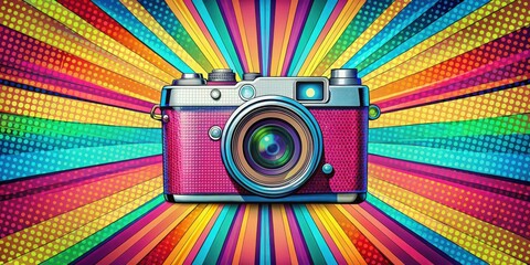 A vintage camera lens with a retro pop art style background featuring colorful stripes and polka dots