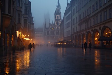 Fototapeta premium Marienplatz at night, Munich, Germany. Creepy mystery view of dark Gothic City Hall with bats. Spooky old castle or palace on full moon. with generative ai