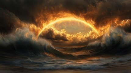 Obraz premium A rainbow arching over a stormy sea, the promise of peace after turmoil