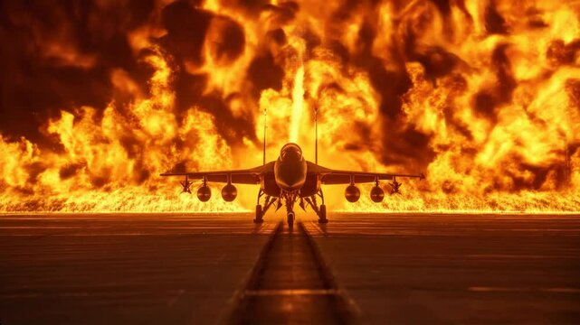 Powerful jet against a backdrop of fiery explosions, creating a dramatic and intense scene of military strength and raw energy.