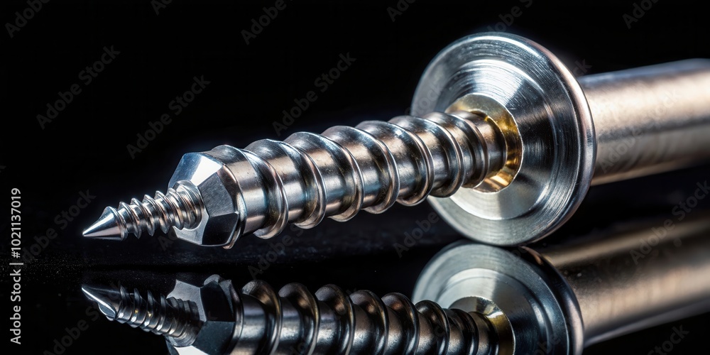 Poster a single chrome screw lies on a black surface, its reflection visible, showcasing the intricate deta