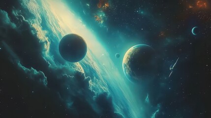 A mesmerizing cosmic scene featuring distant planets and swirling nebulae particles.