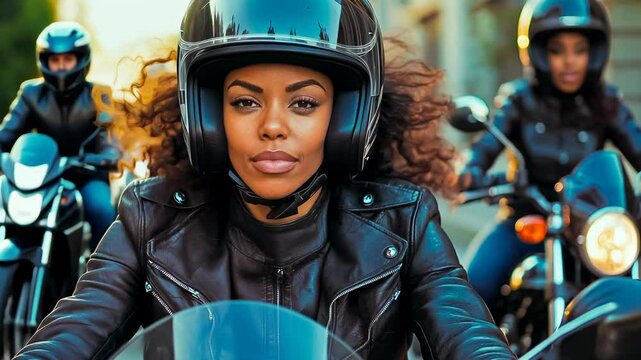 Confident young Black woman rides her motorcycle, bathed in golden sunset light. She sports a leather jacket and helmet, conveying urban lifestyle and freedom vibes.
