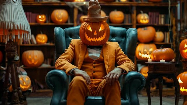 Man with a carved pumpkin for a head sits confidently in an armchair, dressed in an orange suit, surrounded by jack-o&rsquo;-lanterns, celebrating Halloween with a spooky vibe.