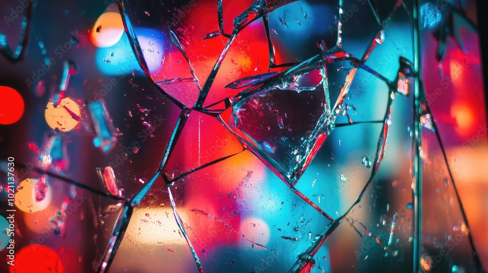 Poster a close-up of glass shards illuminated by neon lights, casting sharp, vivid reflections and creating