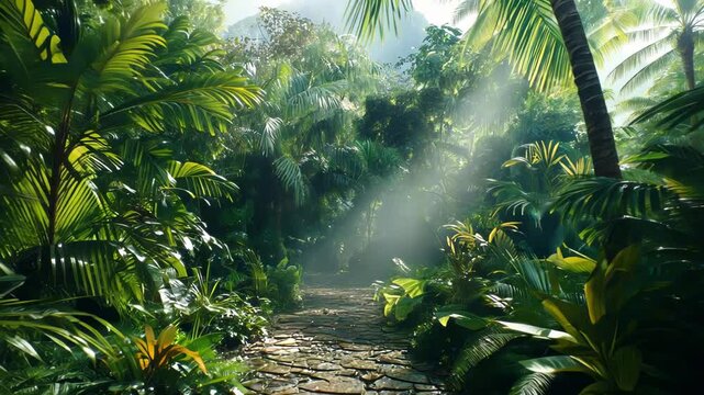 Lush jungle pathway illuminated by sunlight, creating a serene and tranquil atmosphere.