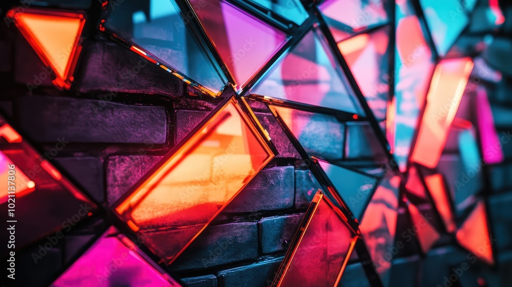 Poster a close-up of glass shards illuminated by neon lights, casting sharp, vivid reflections and creating