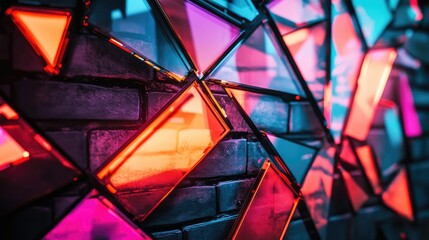 A close-up of glass shards illuminated by neon lights, casting sharp, vivid reflections and creating an electric, edgy aesthetic
