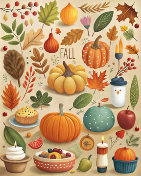 Happy Thanksgiving day or Happy Autumn card or poster with autumn leaves, pumpkins, meal and harvest. Happy fall