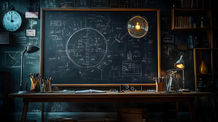 Dark Room with Blackboard, Desk, and Lamps