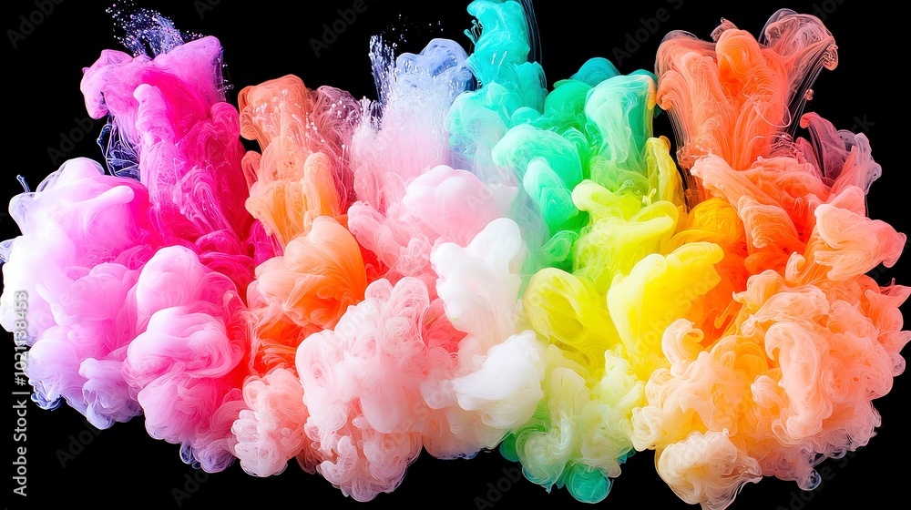 Poster vibrant swirls of acrylic and ink in water, dynamic colors blend and flow gracefully in a dark backd