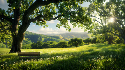 Tranquil Meadow with Sunlight Filtering Through Oak Trees and Inviting Wooden Bench in Lush Green Landscape