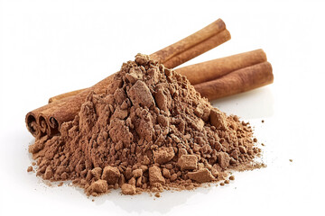 Ground Cinnamon Powder with Cinnamon Sticks Isolated on White Background
