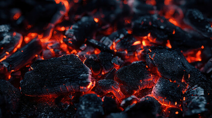Close-up of glowing red coals displaying intense warmth and energy, perfect for capturing the essence of heat, passion, and fiery ambiance.