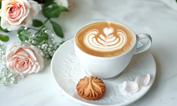 A cappuccino with a beautiful rosette latte art, served with a biscotti