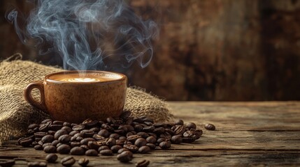 Aromatic Steam Rising from a Freshly Brewed Cup of Coffee on Rustic Wooden Table with Roasted Beans