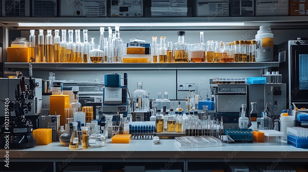Aufkleber A cluttered laboratory counter filled with an array of scientific glassware test tubes and various equipment casting intriguing shadows and reflections under the bright fluorescent lighting