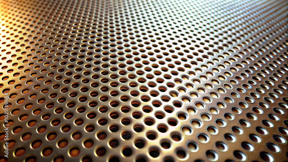 Poster abstract metallic surface with circular perforations, a close-up perspective on patterned metal