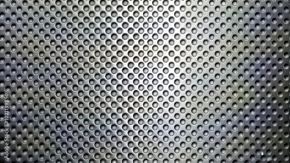 Poster A repeating pattern of circular perforations in a metallic sheet, creating a visually appealing and textured surface.