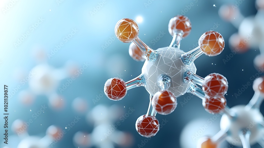 Poster futuristic 3d render of an abstract molecular model with interconnected geometric shapes and pattern
