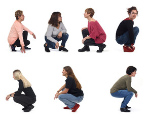 large line of women squatting on white background