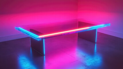A neon pink and blue glow reflecting off a sleek glass table, creating a futuristic, cyberpunk-inspired aesthetic