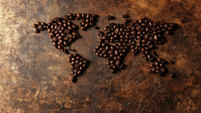 World Map Made of Roasted Coffee Beans on Textured Background