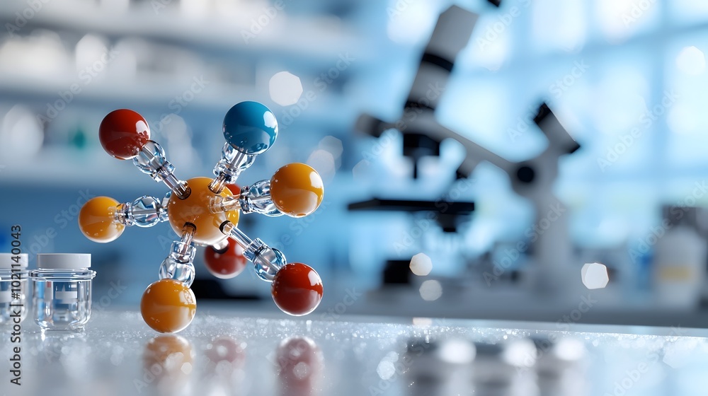 Poster detailed 3d model of a molecular structure featuring a network of colored atoms and bonds set agains