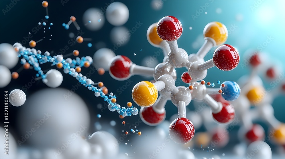 Poster Vibrant 3D of a Molecular Model with Intricate Atomic Bonds and Color Coded Elements Showcasing the Dynamic Nature of Scientific Processes and Evoking a Sense of and Discovery