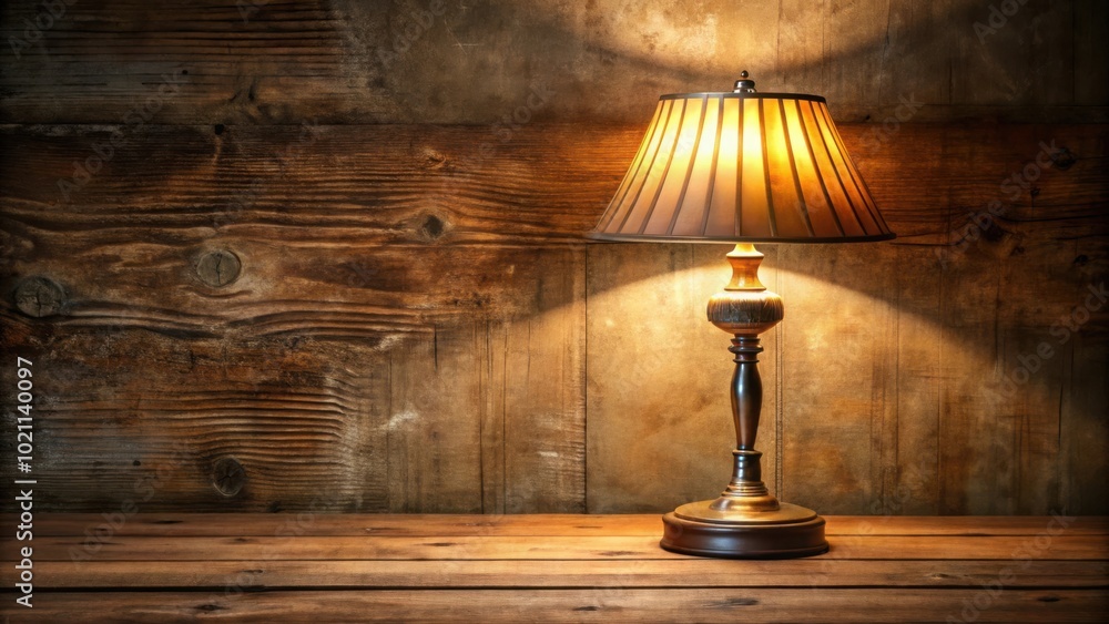 Poster a warm, inviting lamp with a brown, pleated shade casts a soft glow on a wooden tabletop, creating a