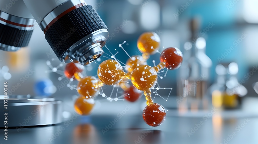 Aufkleber Mesmerizing rendering of a complex molecular model showcasing the intricate interweaving of atoms and molecules within a sleek and modern laboratory environment