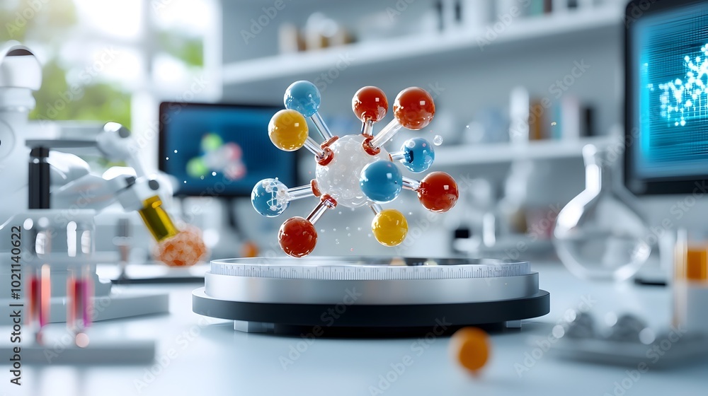 Poster 3D representation of a molecular model swirling subatomic particles and vibrant color coded elements immersed within a high tech laboratory setting with advanced computer systems holographic displays