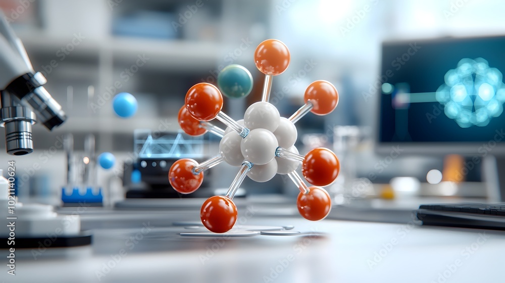 Poster 3D representation of a molecular model with swirling subatomic particles and vibrant color coded elements immersed within a high tech laboratory setting featuring advanced computer systems