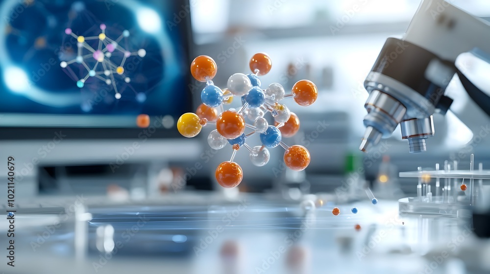 Aufkleber 3D representation of a molecular model swirling subatomic particles and vibrant color coded elements immersed within a high tech laboratory setting with advanced computer systems holographic displays