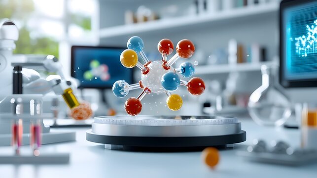 3D representation of a molecular model swirling subatomic particles and vibrant color coded elements immersed within a high tech laboratory setting with advanced computer systems holographic displays