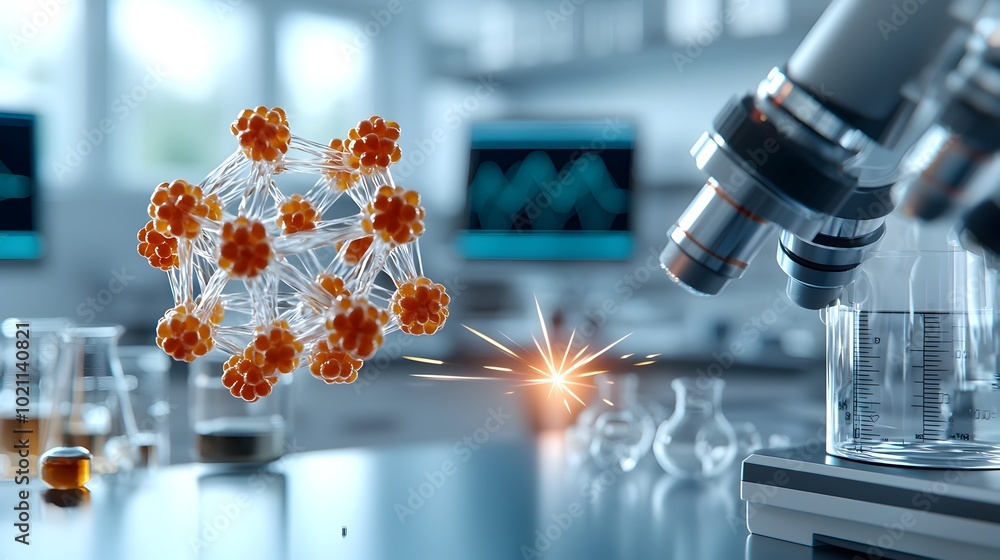 Poster Detailed 3D visualization of a complex molecular lattice with shimmering crystalline formations and pulsating energy fields set against a backdrop of sleek laboratory equipment oscillating monitors