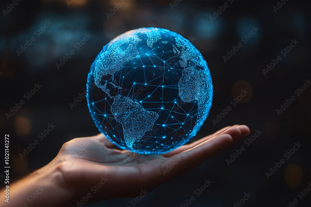Poster 3d rendering. businessman holding global network and global data exchange. connected around the worl