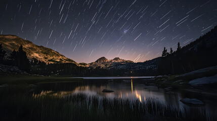 Perseids meteor Shower and the Milky Way silhouette in the foreground. Perseid Meteor Shower observation. Night sky nature summer landscape. Colorful shooting stars