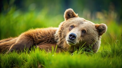 Fototapeta premium A majestic brown bear rests in a field of lush green grass, its captivating gaze fixed on something beyond the frame, creating a moment of wild beauty.