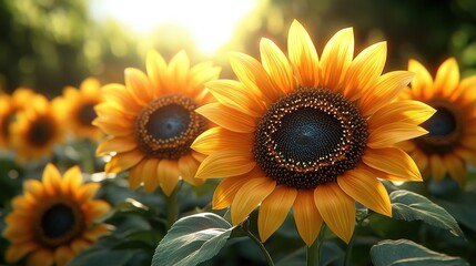 Naklejka premium A vibrant field of sunflowers basking in sunlight.