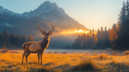 Deer in a misty field of wild grass with dramatic mountain peaks behind stunning HDR