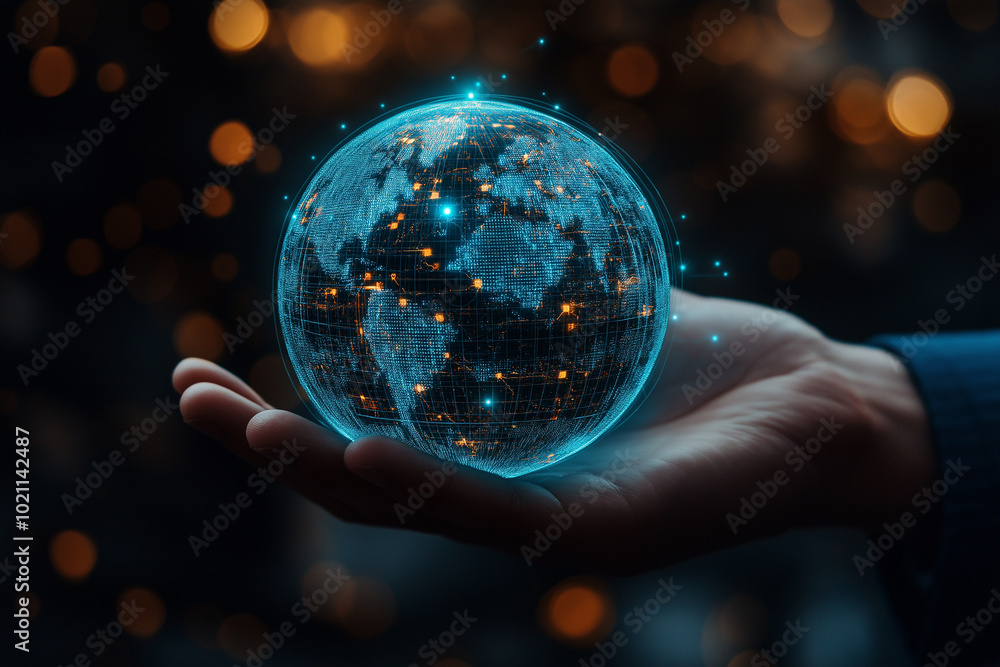 Poster 3d rendering. businessman holding global network and global data exchange. connected around the worl
