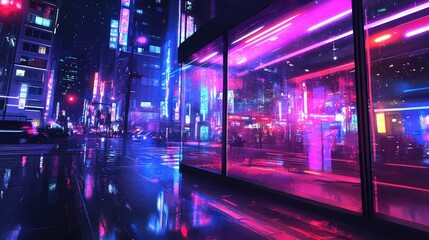 An urban scene with neon lights reflecting off a glass storefront, creating vibrant streaks of color in the night sky